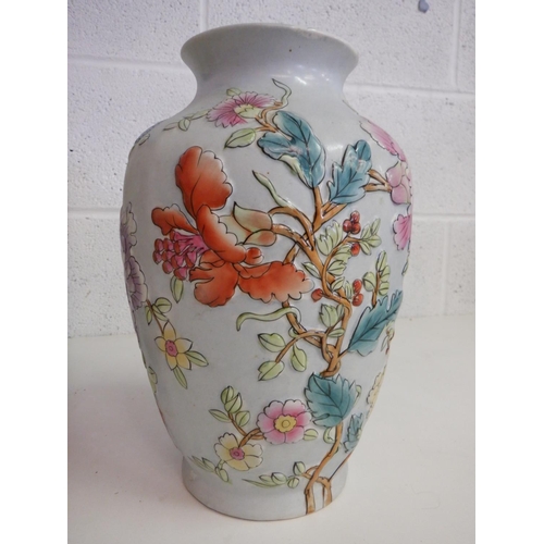 1461 - Satsuma Style Pottery Vase apx 37cm High and Sky Blue Floral Vase apx 31cm High