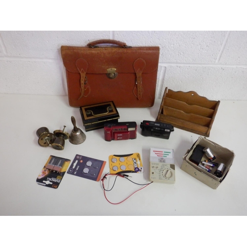 1464 - Eclectic Mix inc Leather Briefcase, Cameras, a Bell, Battery Tester 7 Batteries and Other