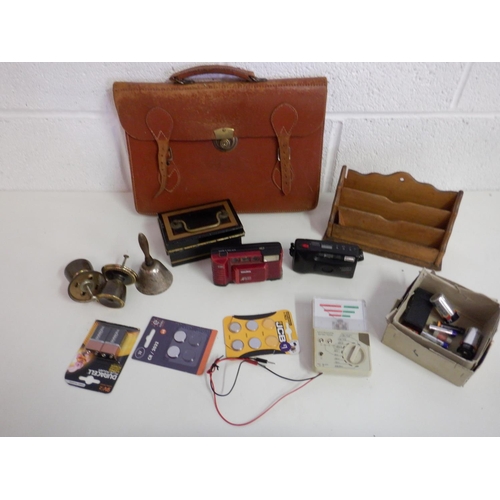 1464 - Eclectic Mix inc Leather Briefcase, Cameras, a Bell, Battery Tester 7 Batteries and Other