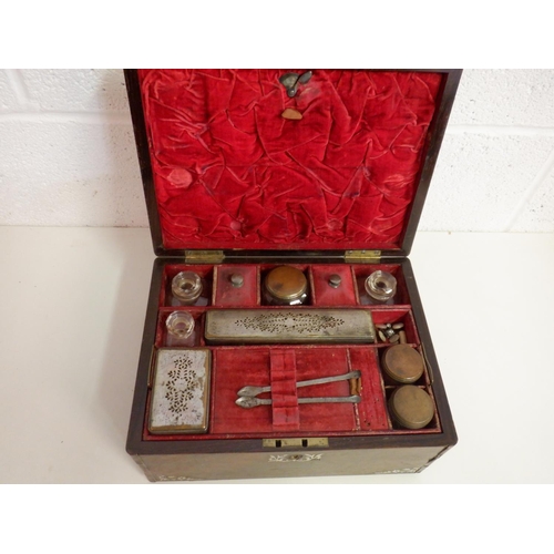 1467 - Mother of Pearl Inlaid Vanity Box with Internal Fittings and Key for Secret Jewellery Drawer in Base... 