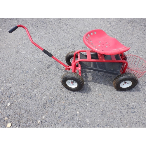 1470 - Customer Made Cart with Full Sized Tractor Seat and Pull Handle - Storage Basket & Under Seat