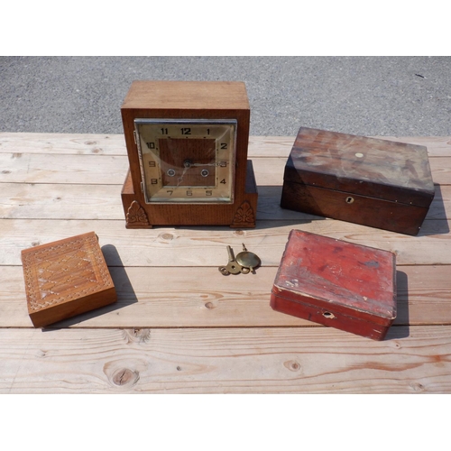 1481 - A Wooden Mantle Clock with Pendant and Key with 3 Various Wooden Storage Boxes. The Largest 25x17x10