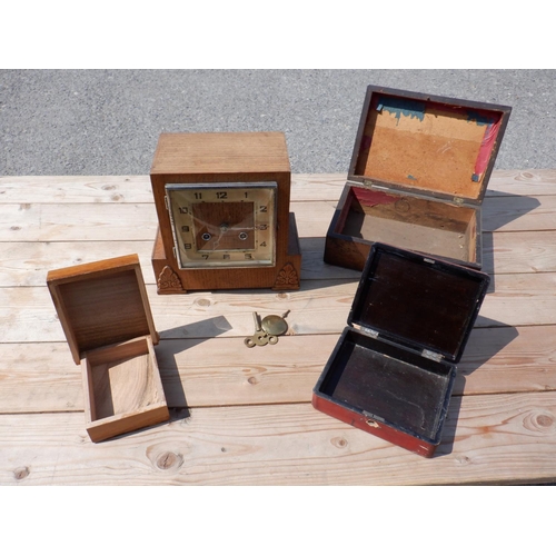 1481 - A Wooden Mantle Clock with Pendant and Key with 3 Various Wooden Storage Boxes. The Largest 25x17x10