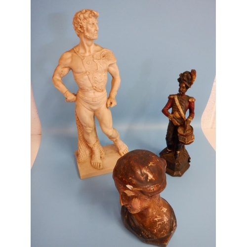 1486 - A Figuriene of a Santini Warrior approx 45cm tall, a Napoleonic figurine and a bust of a Lady