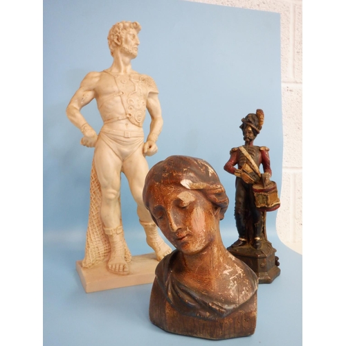 1486 - A Figuriene of a Santini Warrior approx 45cm tall, a Napoleonic figurine and a bust of a Lady