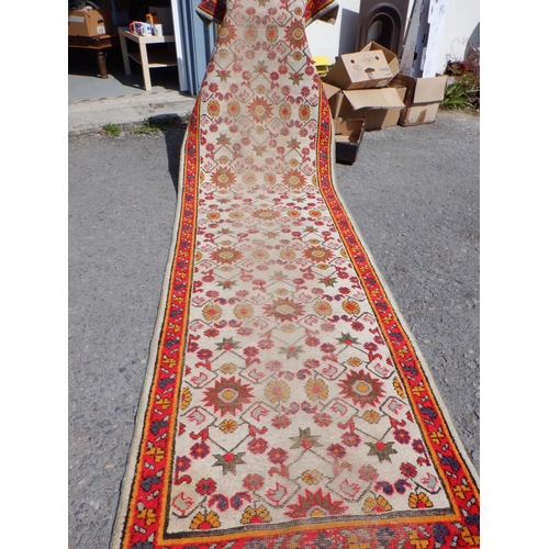 1501 - Red Bordered Carpet Runner 366cm x 97cm - slightly worn