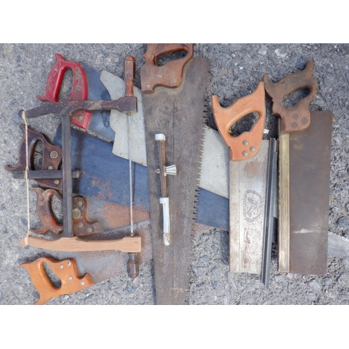 1500 - A Box of Hand Tools and Saws etc including Tenon Saws, rip and Cross Cut Saws etc