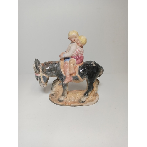 56 - Glazed Pottery Statue of Children Riding a Donkey , 20cm High