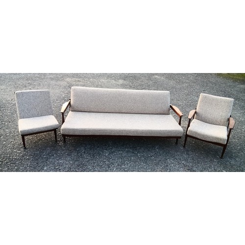 398 - Mid Century Design Sofa and 2 Chairs - Sofa back rotates with hidden sliding door storage