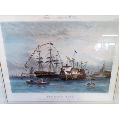 528 - The Royal Navy inland Portsmouth Harbour - 1861 Coloured Etching after T.S Robins Forces Marine Sket... 