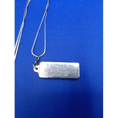 247 - .999 Tourpac Swiss Silver Bullion Bar Pendant and Chain, Total Weight 27.5 Grams