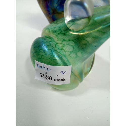 389 - A John Ditchfield For Glasform Iridescent Paperweight Cat and Frog 12 x 13 x 6cm Both signed to Base