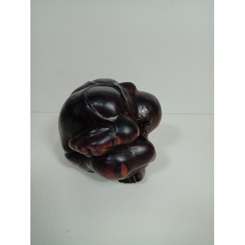 421 - A Wooden Carved Weeping Buddha (Shy Man ) Figure 12 x 11 x 12cm