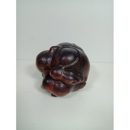 421 - A Wooden Carved Weeping Buddha (Shy Man ) Figure 12 x 11 x 12cm