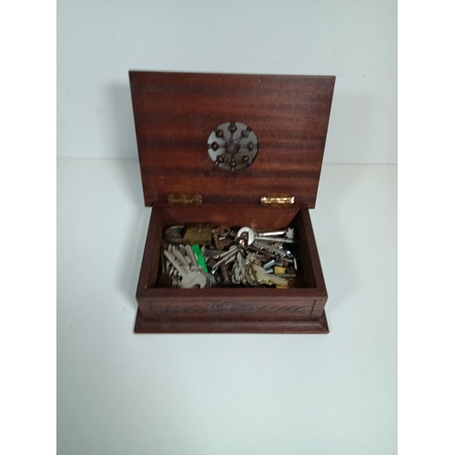 799 - Carved Wooden Box full of Keys and Padlocks