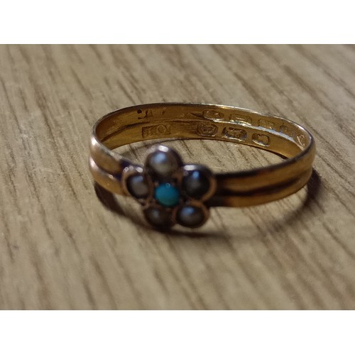 119 - A 22ct Gold Hallmarked Seed Pearl and Turquoise Ring 2.4gms