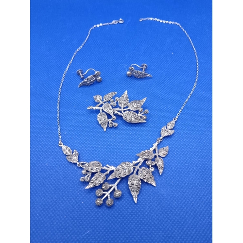 304 - A Silver and Marquisite Necklace , Broach and Earring Set