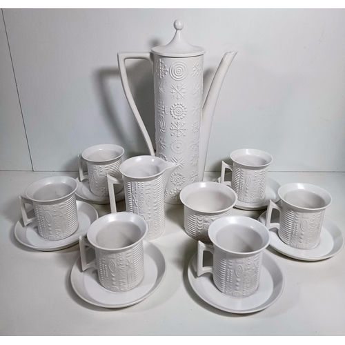 331 - Rare Susan Williams- Ellis White Portmeirion Cypher Pattern Coffee Set ( small chip to rim of Sugar ... 