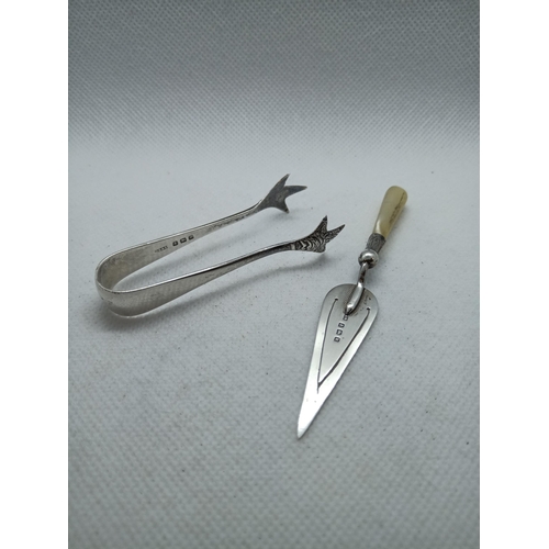 318 - Hallmarked Silver Minature Tongs and Miniature Trowel Book Mark