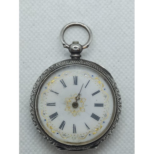 338 - A Ladies .935 Silver Pocket Watch with an Enamel Dial