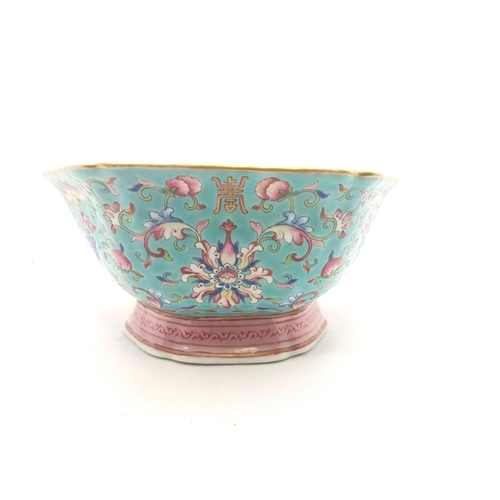 216 - A Chinese Famille Rose Turquoise Ground Hexagonal Bowl, Possibly Qing Dynasy Daoguang Marks. The Fla... 