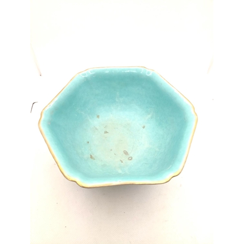 216 - A Chinese Famille Rose Turquoise Ground Hexagonal Bowl, Possibly Qing Dynasy Daoguang Marks. The Fla... 