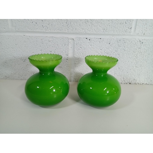 856 - A Pair of Victorian Green Glass Vases with Ruffled Rims