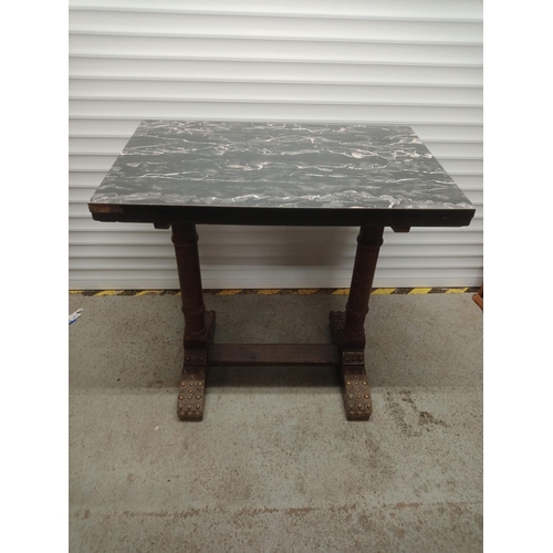 845 - Antique Oak Table with Brass Studding and Later added Marble Look Top