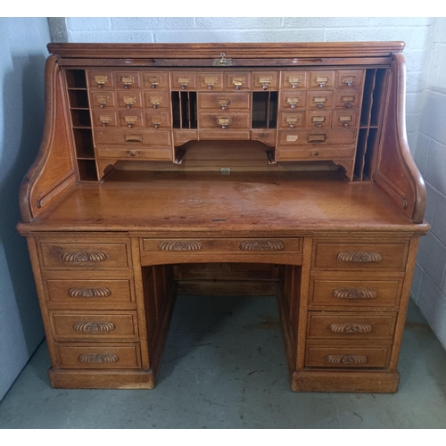 434 - An Antique Quarter Sawn Heavy Oak Roll Top Desk - Originally Presented by the Congregation Stallbrid... 