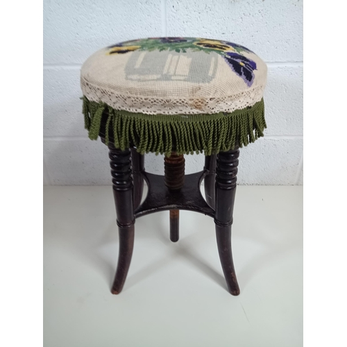 806 - Antique Tapestry Topped Height Adjustable Piano Stool - 50cm Tall