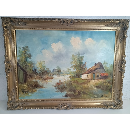 904 - Original Oil on Canvas of a Lakeside Scene signed by Unknown Artist 87cm x 68cm