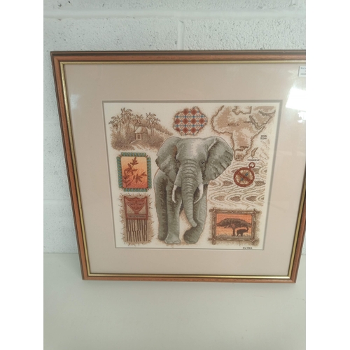 908 - Embroidery of Elephant with Inidan Artifacts etc. 59 x 58cm