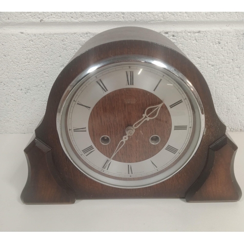 506 - A Vintage Smiths Oak Mantle Clock with Pendulum and Key