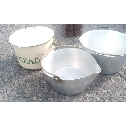 44B - 2 x Jam Pans and an Enamel Bread Bin