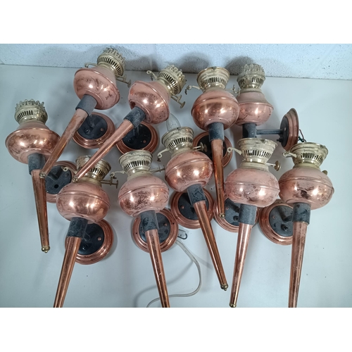 67 - 10 x Brass / Copper Carriage Effect Electric Wall Lanterns  36cm High