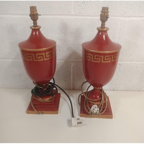 787 - 2 x Red Electric Lamps with Gold Greek Key Motif 48cm High