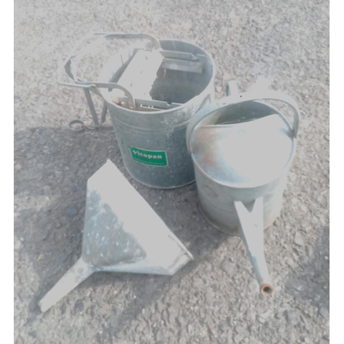 66C - An Old Galvanised Watering Can, Mop and Funnel