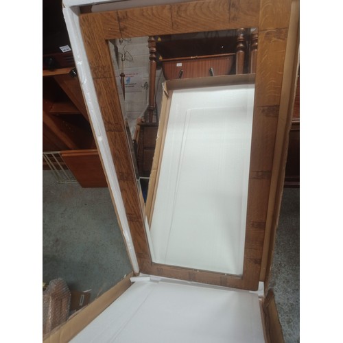 917 - Large New and Boxed Oak Framed Mirror with Bevelled Glass