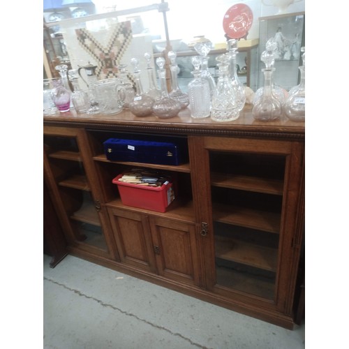 803 - Oak Cupboard Shelf Unit with Bevelled Glass Doors 123cm H, 34cm D, 180cm W