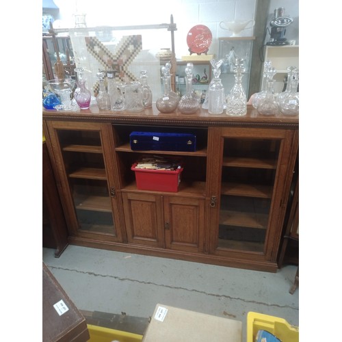 803 - Oak Cupboard Shelf Unit with Bevelled Glass Doors 123cm H, 34cm D, 180cm W