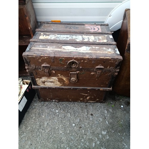 75 - A Metal Bound Wooden Trunk with Key 55cm H x 62cm W x 52cm D