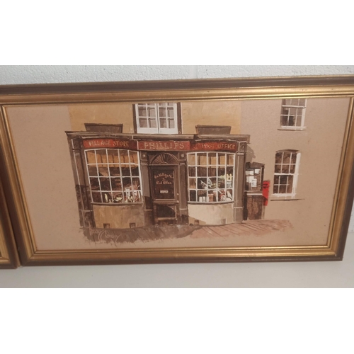 737 - 2 x Original Oil Paintings of Village Shops - East Sussex Alfriston 67 x 37cm each