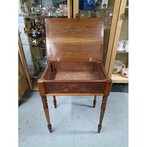 84 - Antique Small Occasional Table with Carved Panels and Lidded Storage 66 x 59 x 44cm