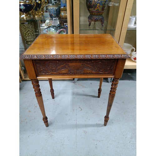 84 - Antique Small Occasional Table with Carved Panels and Lidded Storage 66 x 59 x 44cm