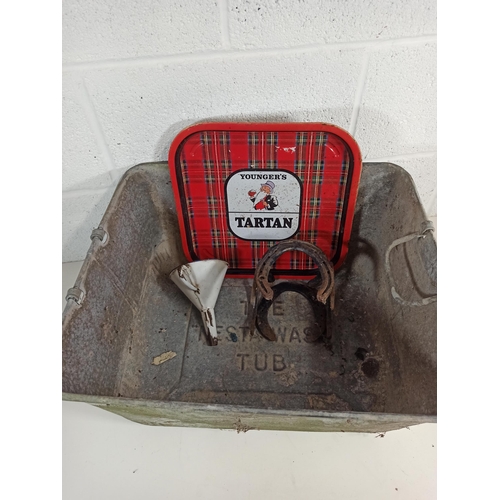 785 - The Nesta Wash Tub 24x51x43cm, Youngers Tartan Tray, Enamel Funnel and a Horse Shoe  Pot Stand