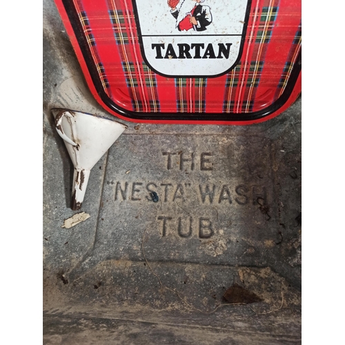 785 - The Nesta Wash Tub 24x51x43cm, Youngers Tartan Tray, Enamel Funnel and a Horse Shoe  Pot Stand