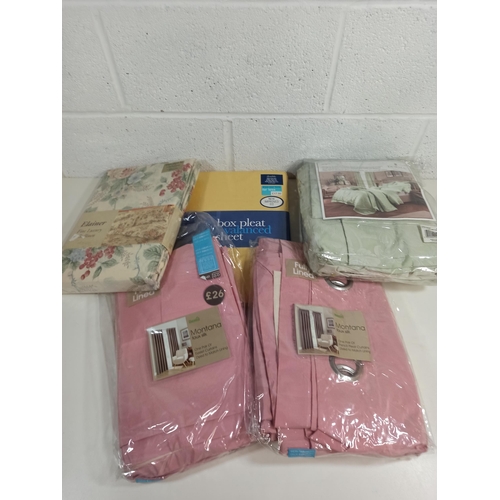 740 - Box of Bedding and Curtains, 3 x pair of Curtains, 1 x Single Duvet Set , 1 x Double Sheet