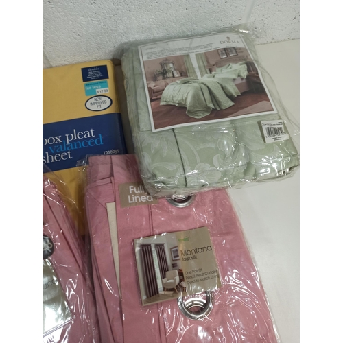 740 - Box of Bedding and Curtains, 3 x pair of Curtains, 1 x Single Duvet Set , 1 x Double Sheet