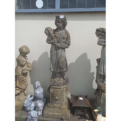 4 - Pair of Matching Girl with Sheaf Stone Statues with Bases 114cm x 31cm x 31cm