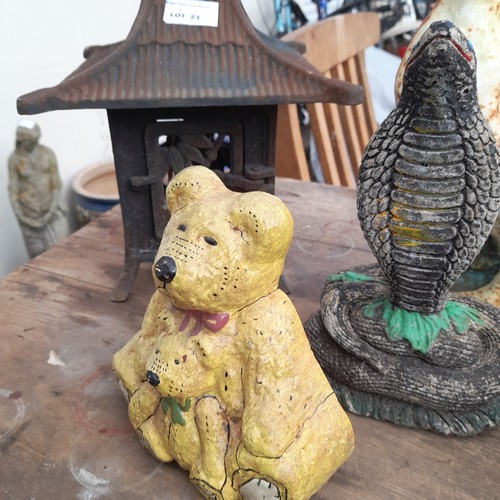 23 - Chinese Style Cast Iron Lantern, 3 Door Stops Duck, Teddy and Flowers plus a Cobra Garden Ornament